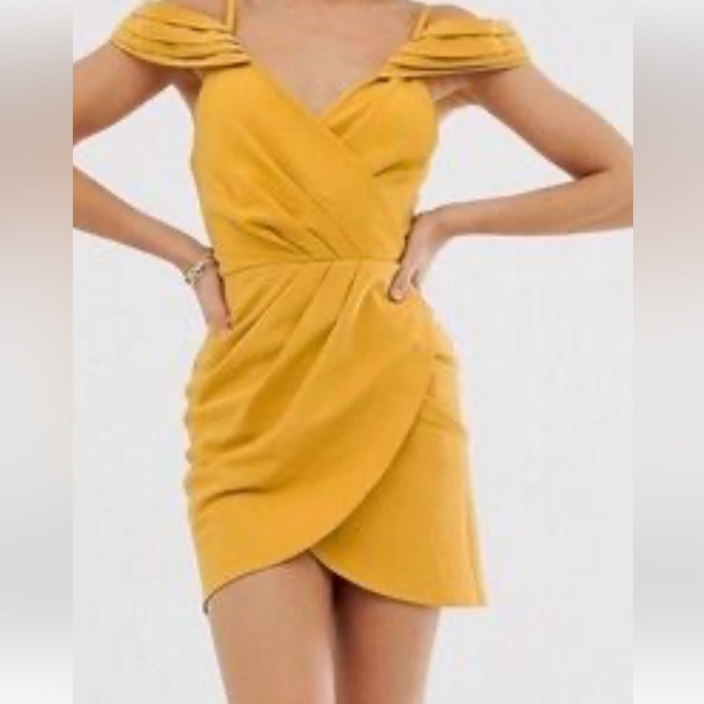 Club L London Mustard Bardot Faux Wrap Mini‎ Dress